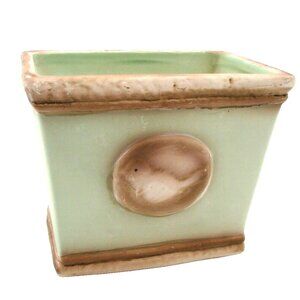 Mint Green Brown Bird Pottery Planter Dish Pot Herbs Earth Colors Never Used Vtg